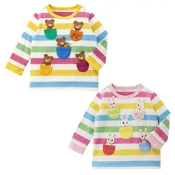 Autumn Kids Long Sleeved T-shirts Japanese Cartoon Bear Rabbit Colored Striped T-shirt Girl Clothes Baby Boy Interior Tops