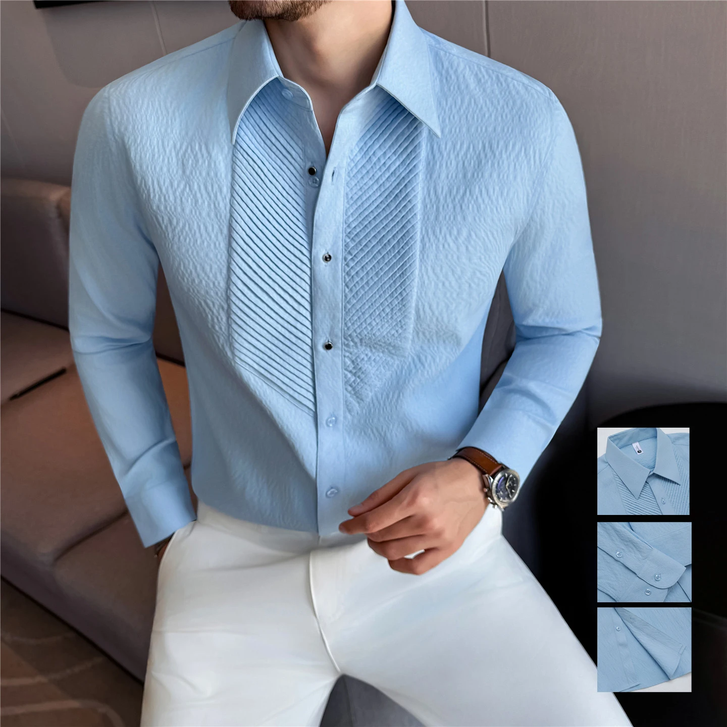 

Мужская жаккардовая классическая рубашка Accordion Pleat на заказ — синий (белый/черный) M-3XL | Текстурированная ткань | Одежда для торжественных случаев ​