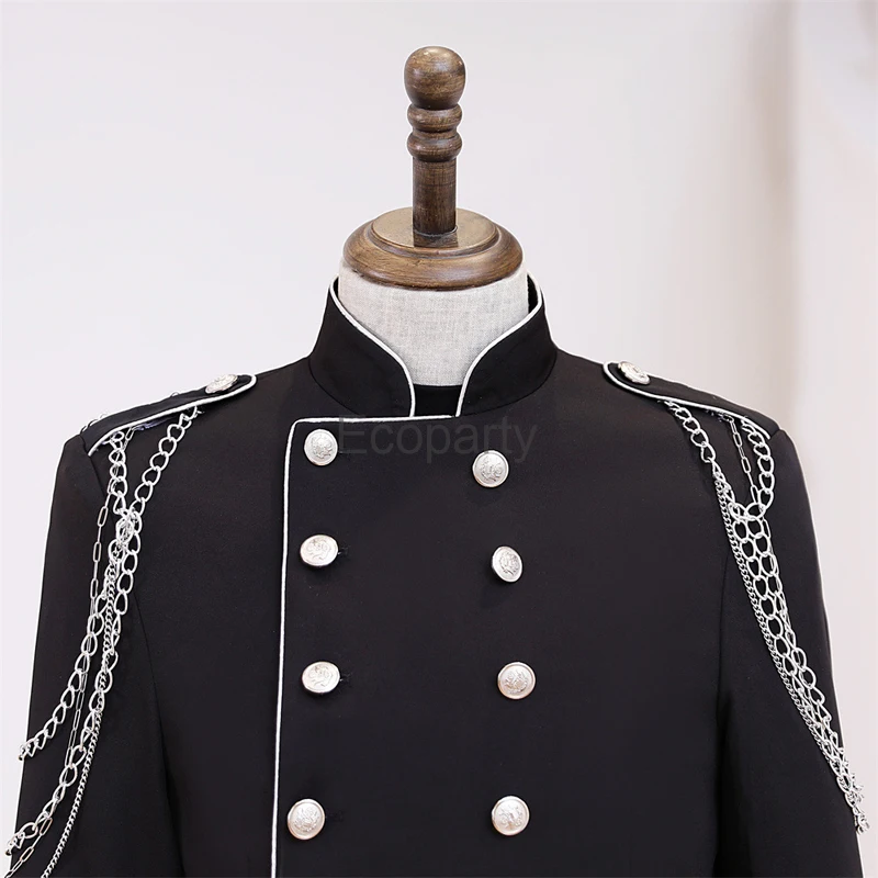 Blazer Steampunk para hombre, chaqueta negra con cuello alto, cinturón de doble botonadura, diseño de cadena Punk, abrigo para cantante, escenario, baile de graduación, disfraz de Cosplay