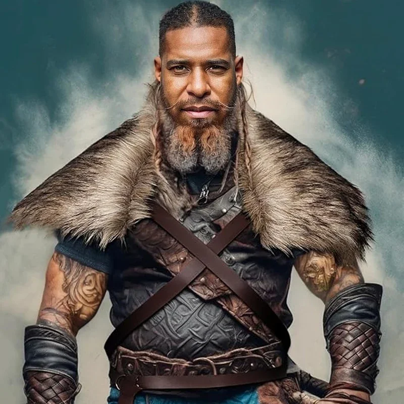 Capa Medieval con cuello de piel sintética para hombre, capa para hombro con correa para el pecho, ropa de invierno, capa de guerrero vikingo Retro, Cosplay de Halloween