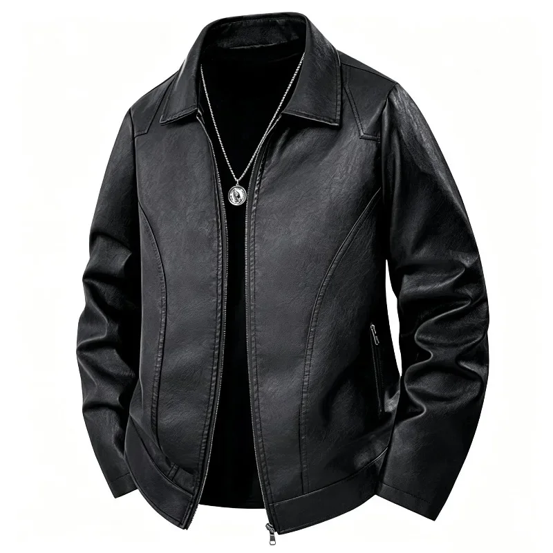 Men's Leather Jacket Zip Front Point Collar Two Side Zipper Pockets Long Sleeve Straight Hem Soft Regular Length Business Casual