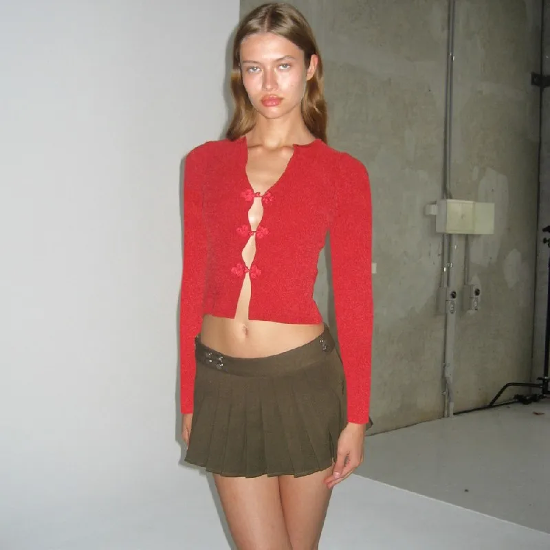 WhereMery Sexy V-neck Hollow Top Chinese Knot Long Sleeve Knitted Summer Slim Fit Waist T-shirt Top Party Nightclub 2024 Women
