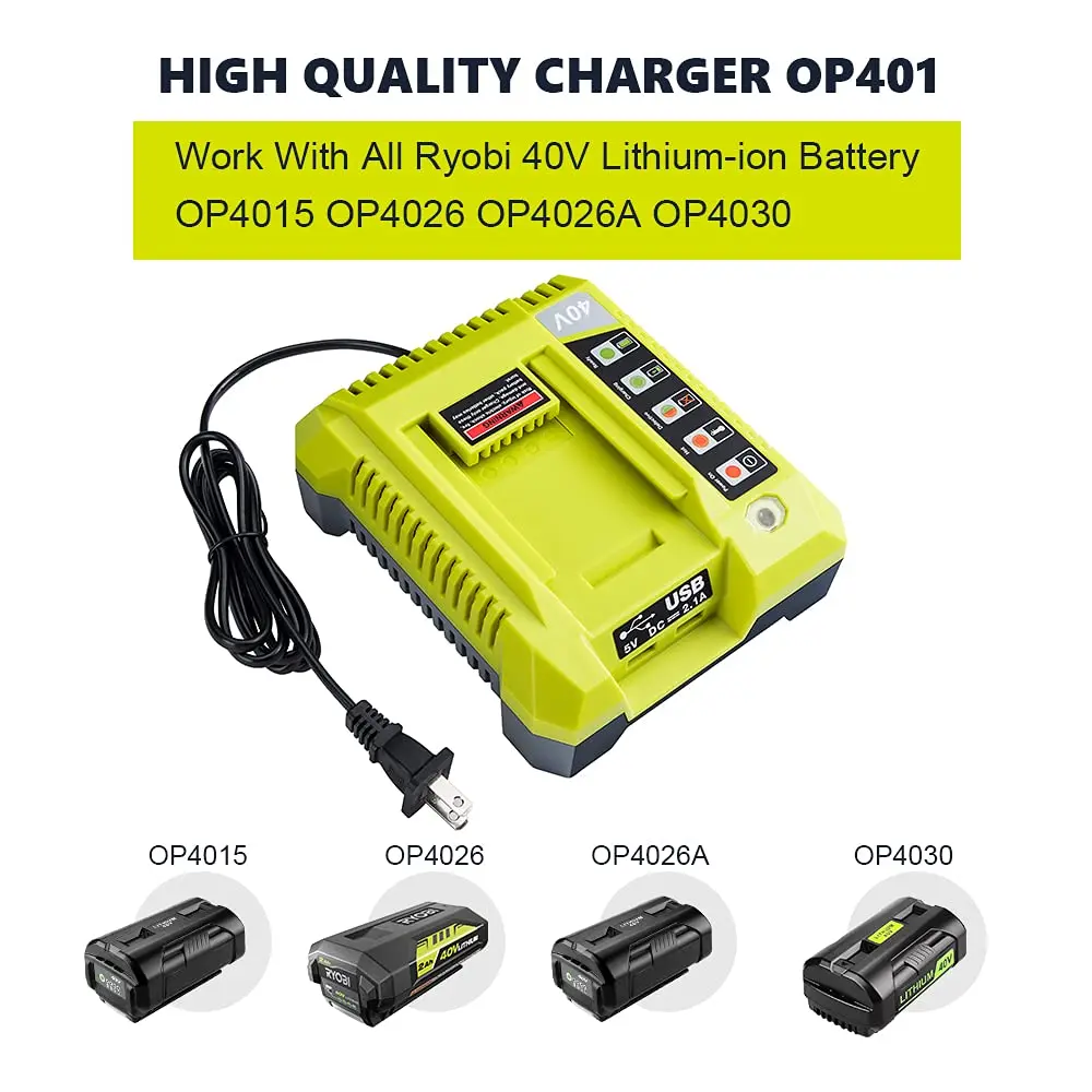 OP401 Lithium-Ion Battery Charger for Ryobi 40V Li-ion Battery OP4050A OP4015 OP4026 OP4030 OP4040 OP4050 OP400A OP403A ZROP401