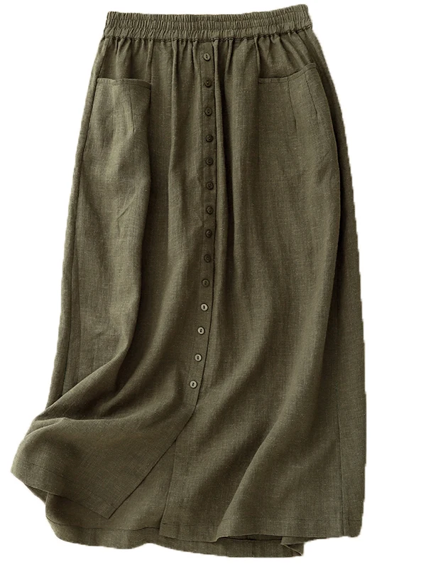 

Ретро японская хлопково-льняная юбка трапециевидной формы с высокой талией, женская летняя свободная юбка миди на пуговицах, утягивающий дизайн