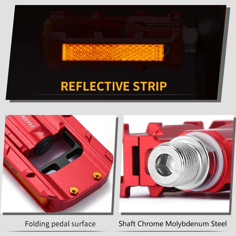 KOOTU Folding Bike Pedals Full Aluminum Bicycle Pedal Red/Silver Seal Bearing Pedal for Bmx 9/16 Universal Foldable Pedal