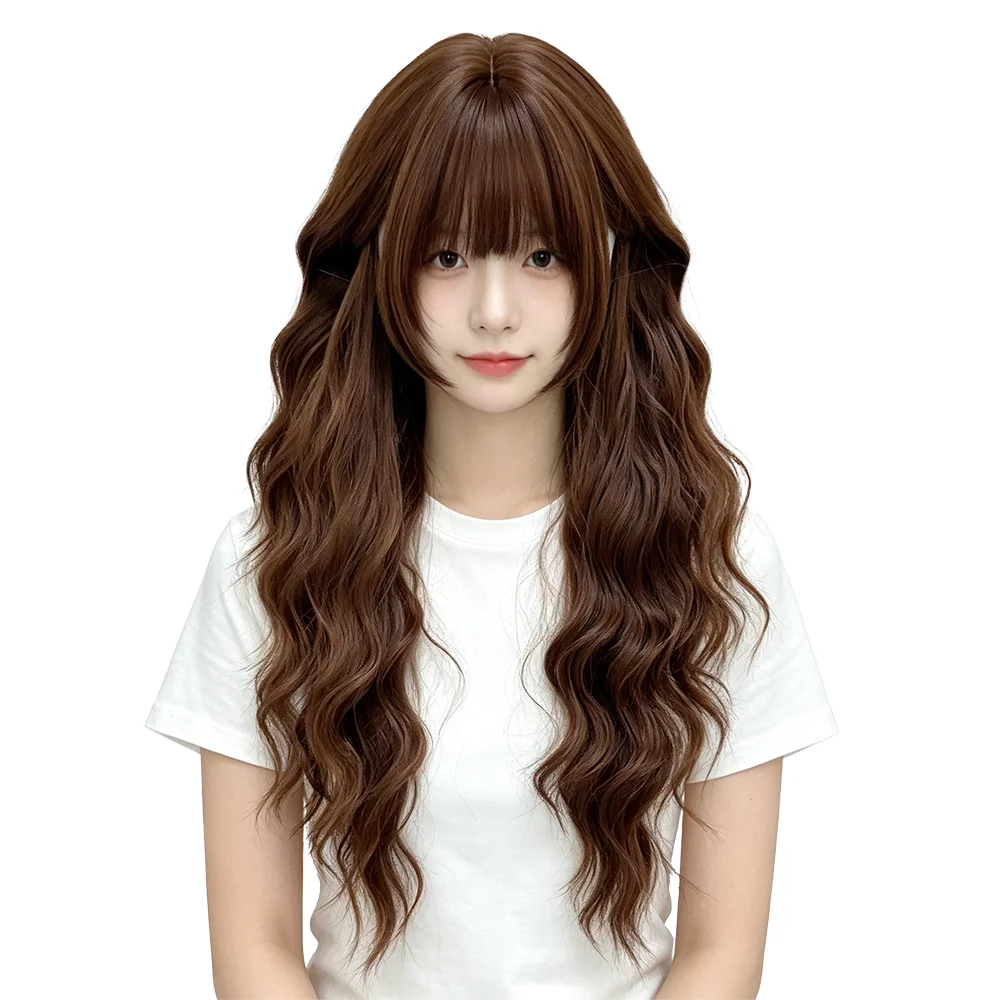 

Japanese Style Chestnut Brown Wool Curly Wig Princess Cut Bangs Natural Fluffy Body Wave Heat Resistant Full Head Wig For Daily