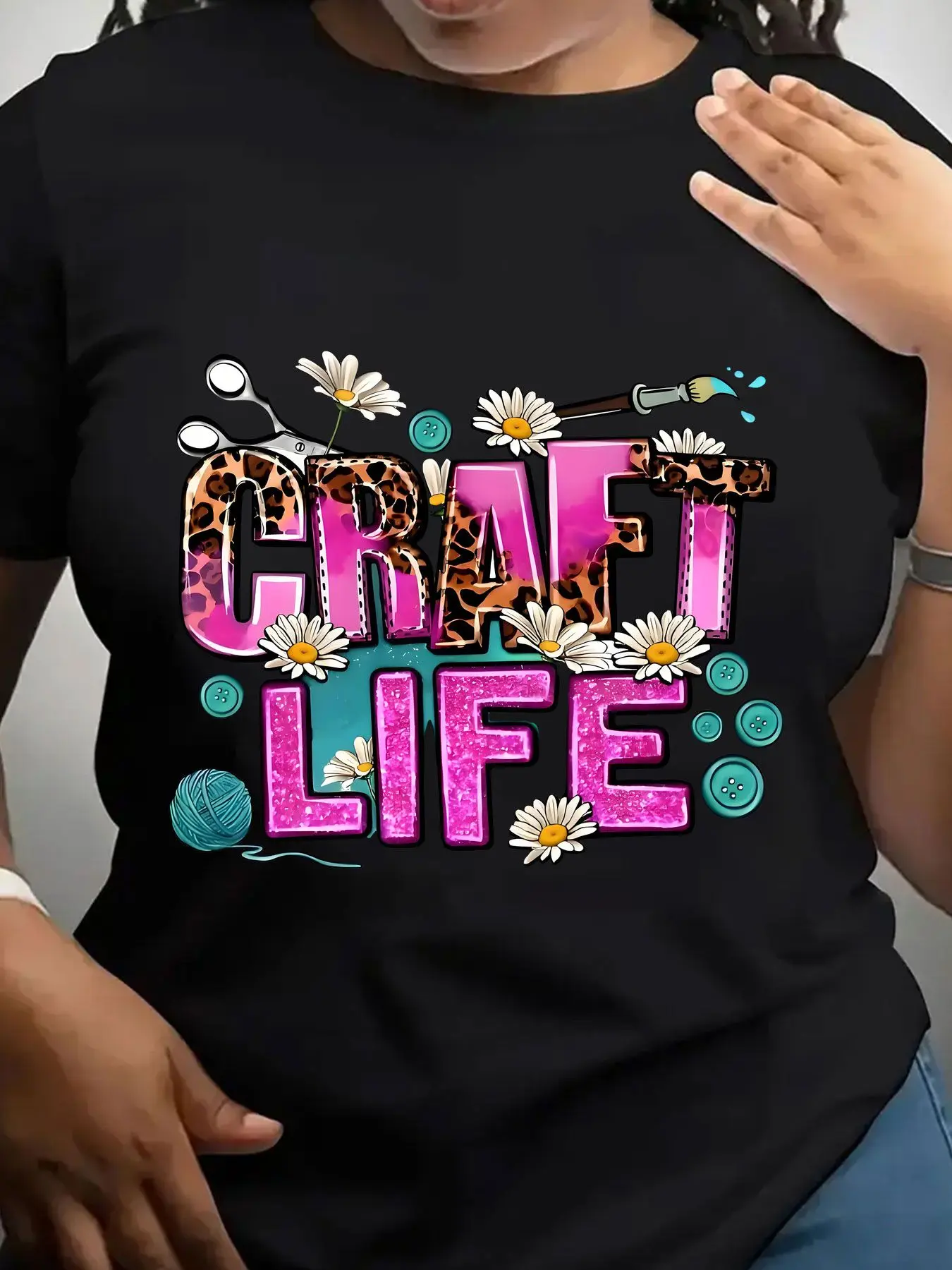 Women's Trendy Crew Neck T-Shirt Craft Life Floral Leopard Print Suitable for Casual Sportswear