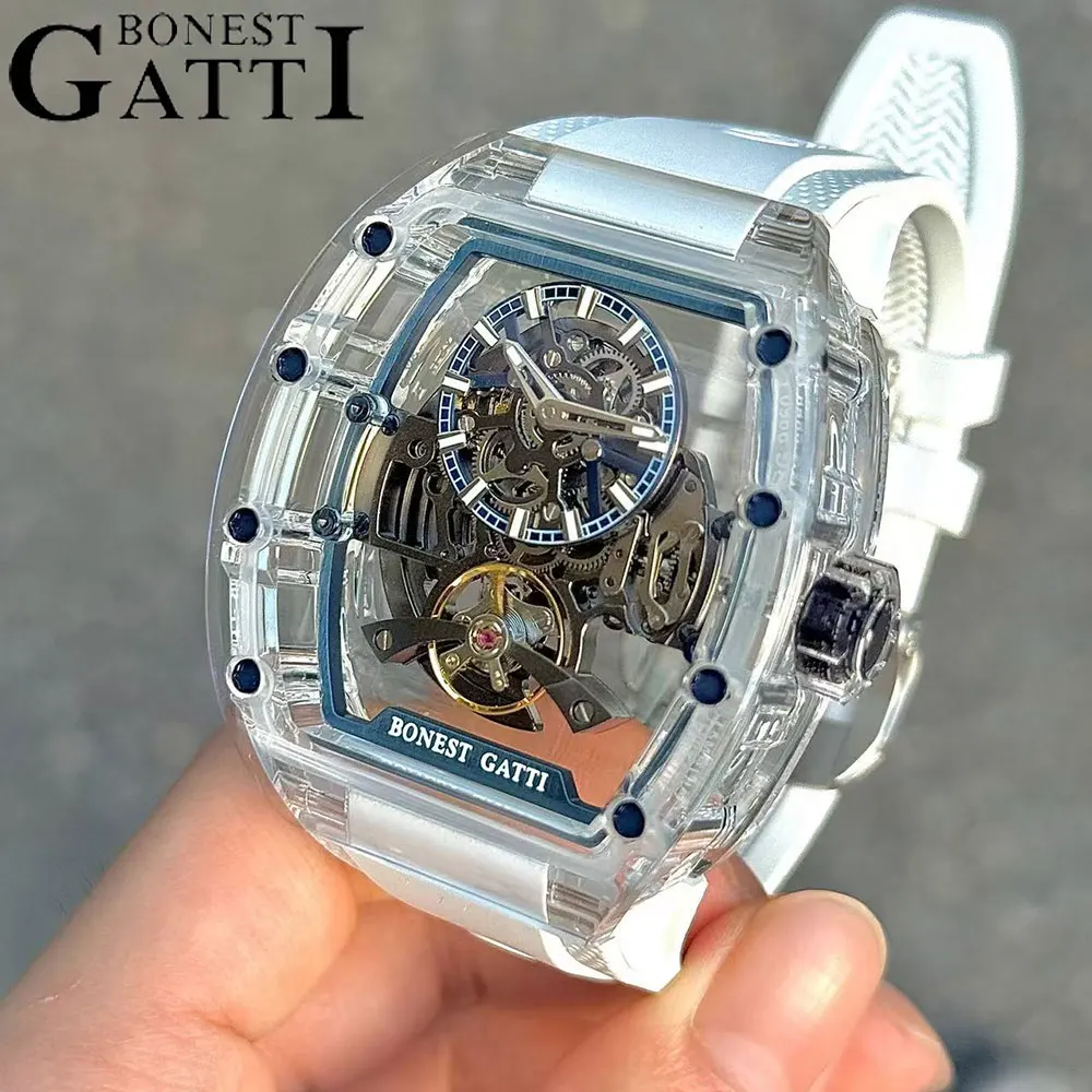 

BONEST GATTI 2025 New Fully Automatic Men Watch Skeleton Mechanical Watch White Rubber Band Luminous Barrel Shaped Men Watch