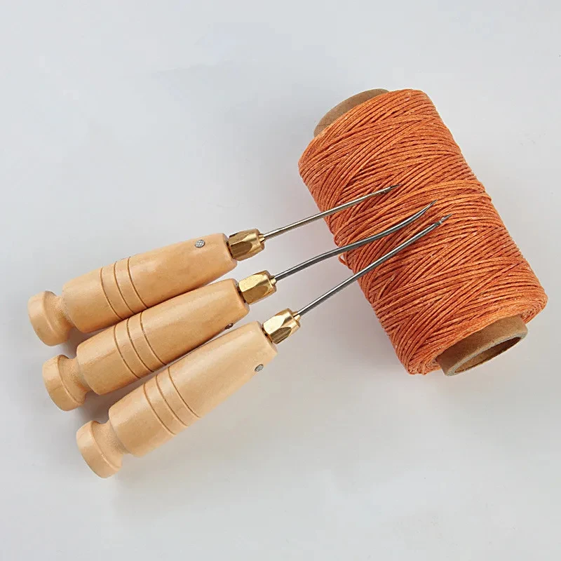 4Pcs Leather Sewing Awl Kit DIY Needle With Wooden Handle Set Leather Canvas Tent Shoes Punch Curved Crochet Repairing Hook Tool