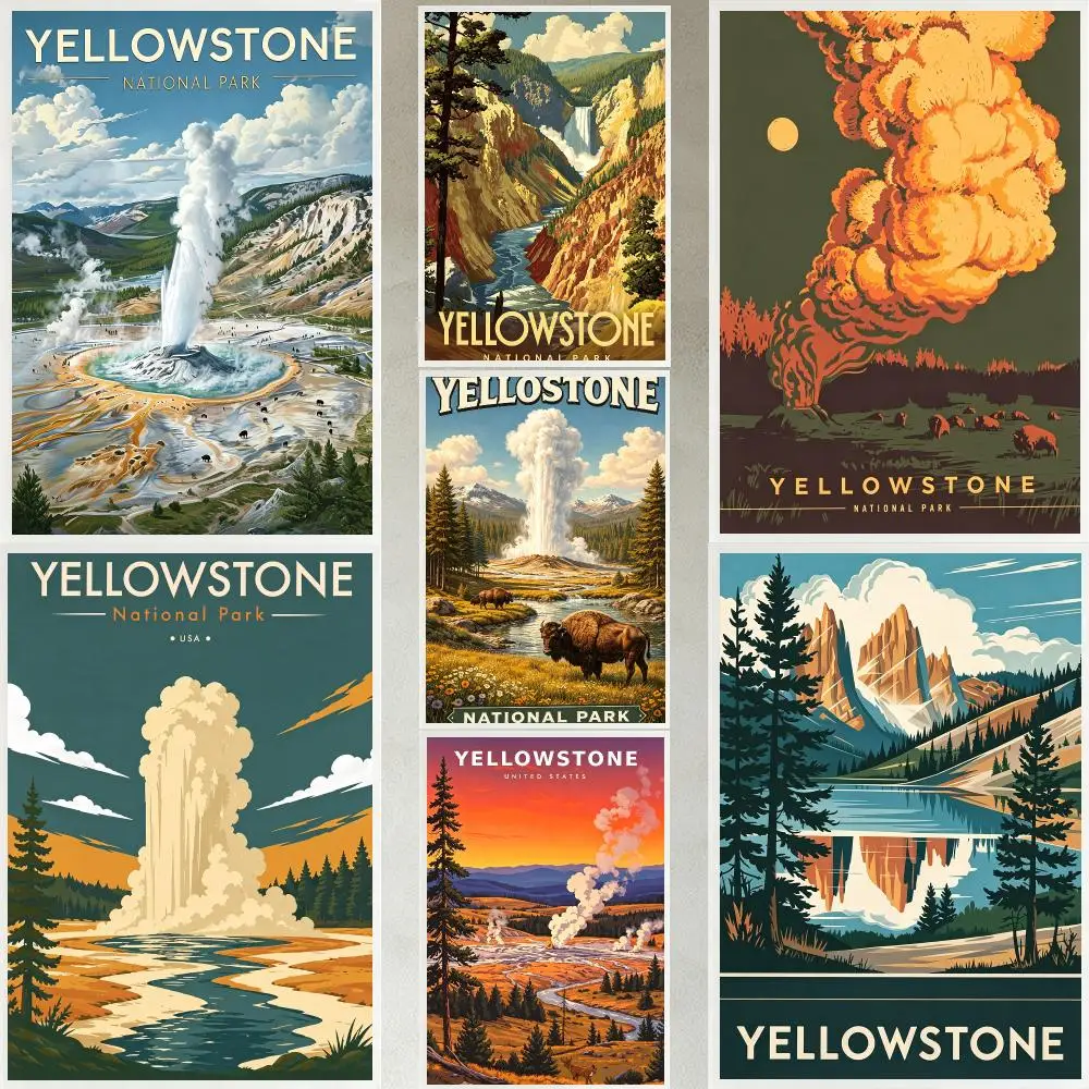 photo Yellowstone National Park Poster Poster HD Waterproof Self-adhesive Art Print Wall Decor for Bedroom Living Room Gift
