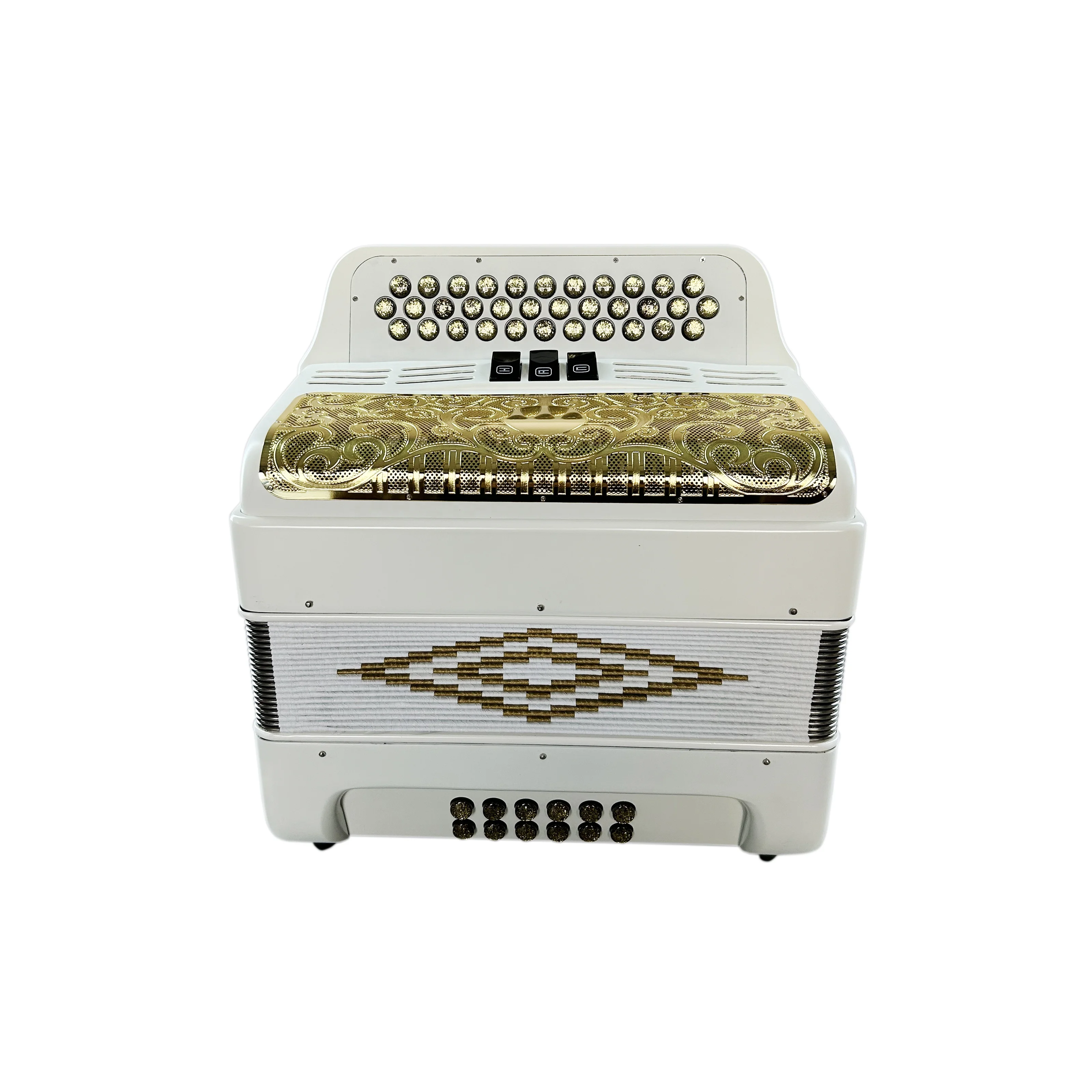 

Professional 34-Button 12-Bass 3-Register Accordion Matt White Wood Instrument With Gold Grill And Buttons JB3412C
