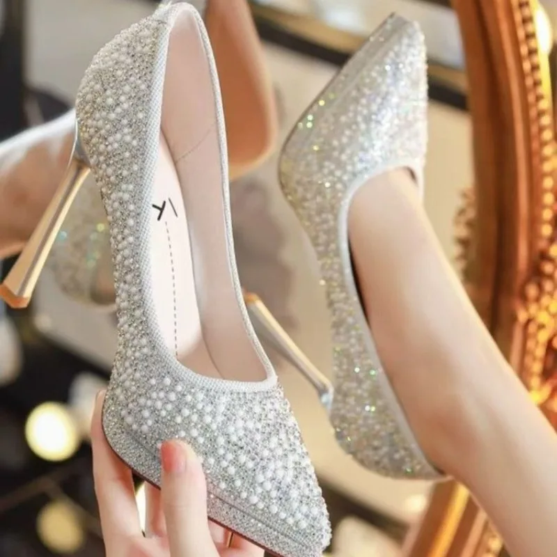 Luxury Pearl flash Wedding Shoes Women 2024 Spring Brand Designer High Heels Pumps Woman Thin Heeled Party Shoes Beige Silver