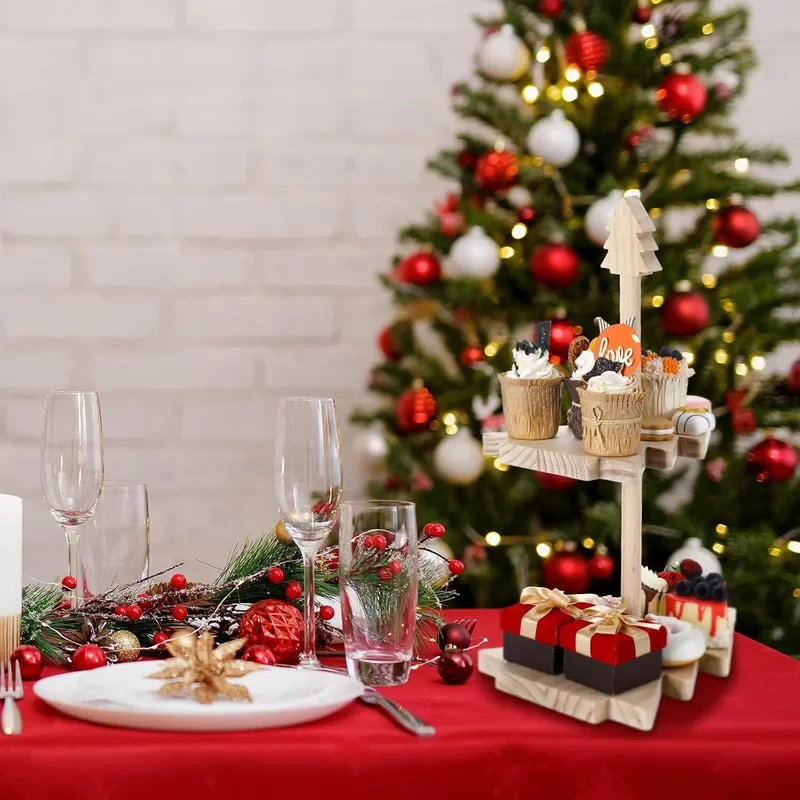 Wooden Christmas Tree Tray Display Rack for Ornaments Dim Sum Cake Cupcake Stand Country Style Decorative Shelf Home Kitchen