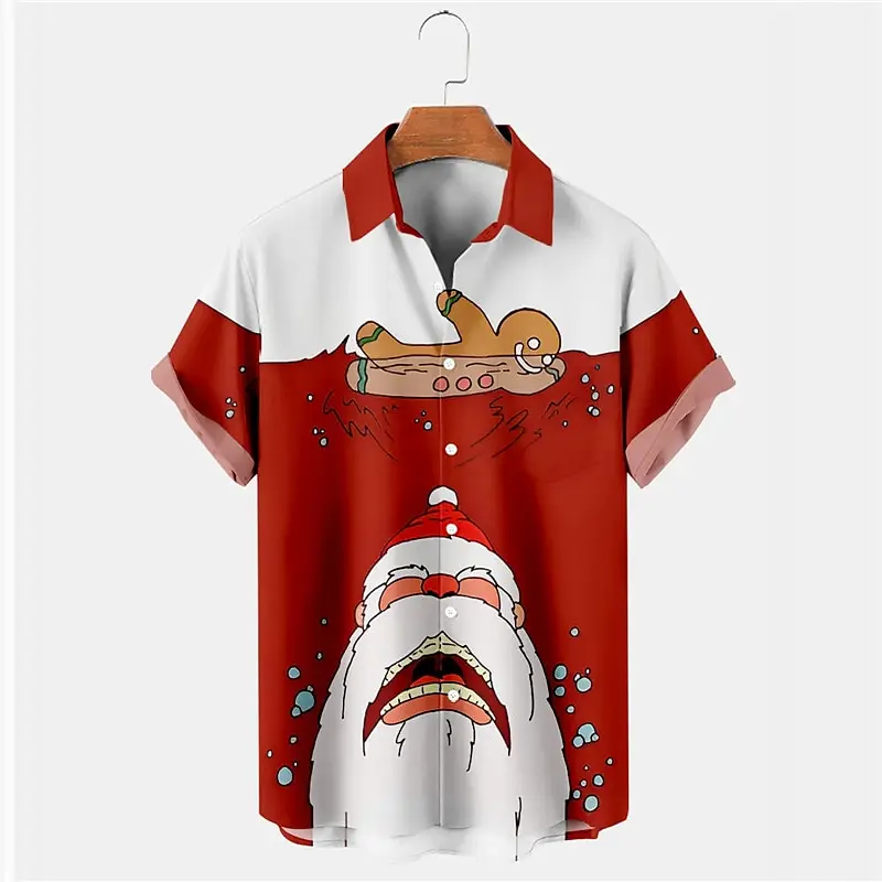 Camicia natalizia casual con stampa 3D di Babbo Natale e omino di pan di zenzero Cardigan con risvolto da uomo Camicia da uomo di Capodanno allentata casual di alta moda