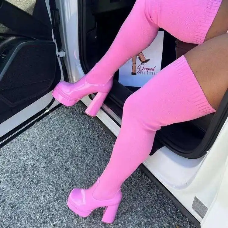 

Over-Knee Elastic Boots High Heeled oes Thi Bot Platform Waterproof Winter Faion Women's Boots Sweet Sle EVA Material
