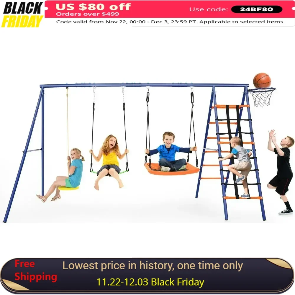 Swing Set for Backyard - Heavy Duty 6 in 1 Playground Sets 550lbs Upgrade Saucer Swing for Kids Outdoor Metal Swing Stand