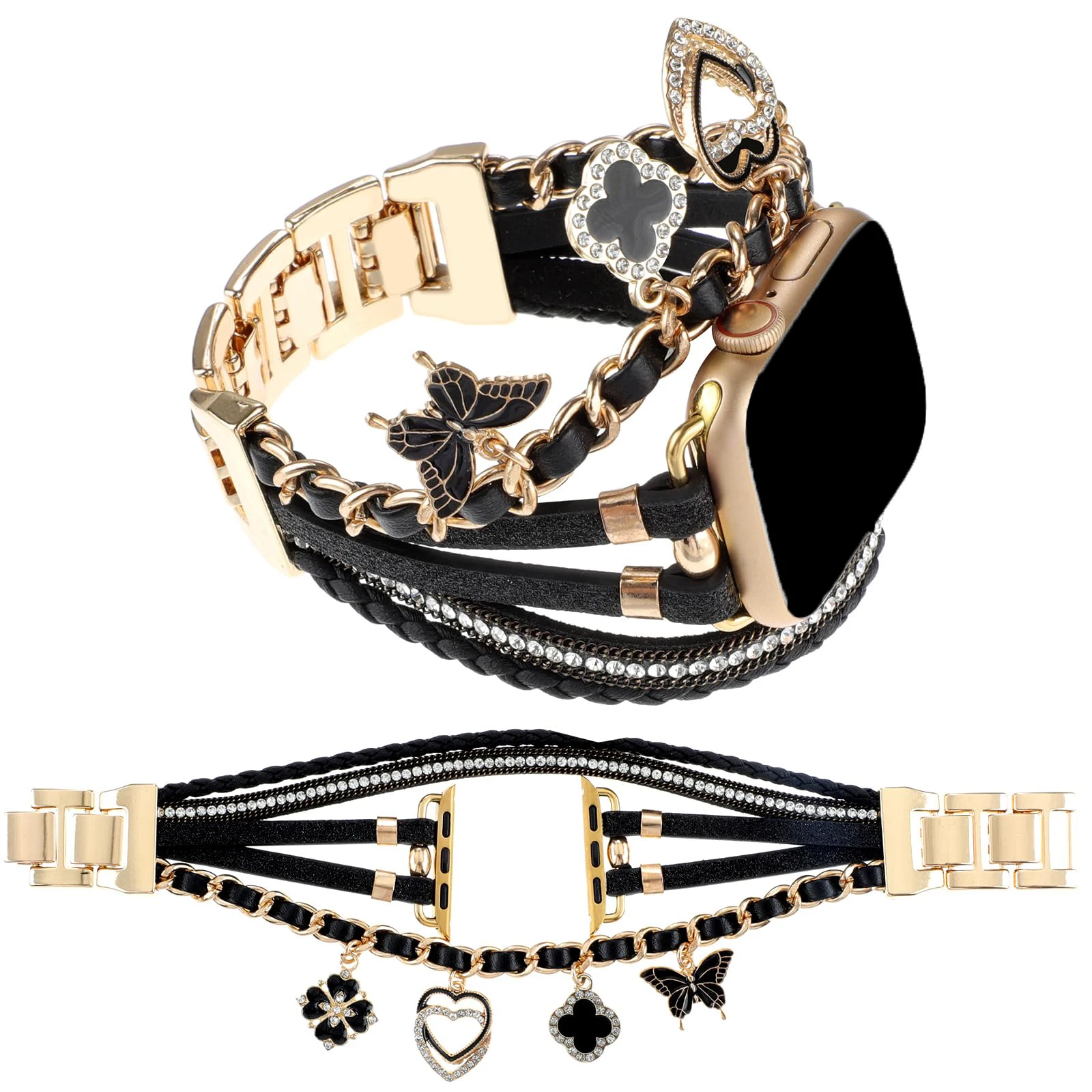 Women Leather Bracelet Band for Apple Watch 40/41/42/44/45/46 mm Metal with Pendant strap for iwatch Series 10 Ultra 9 8 7 6 5 4