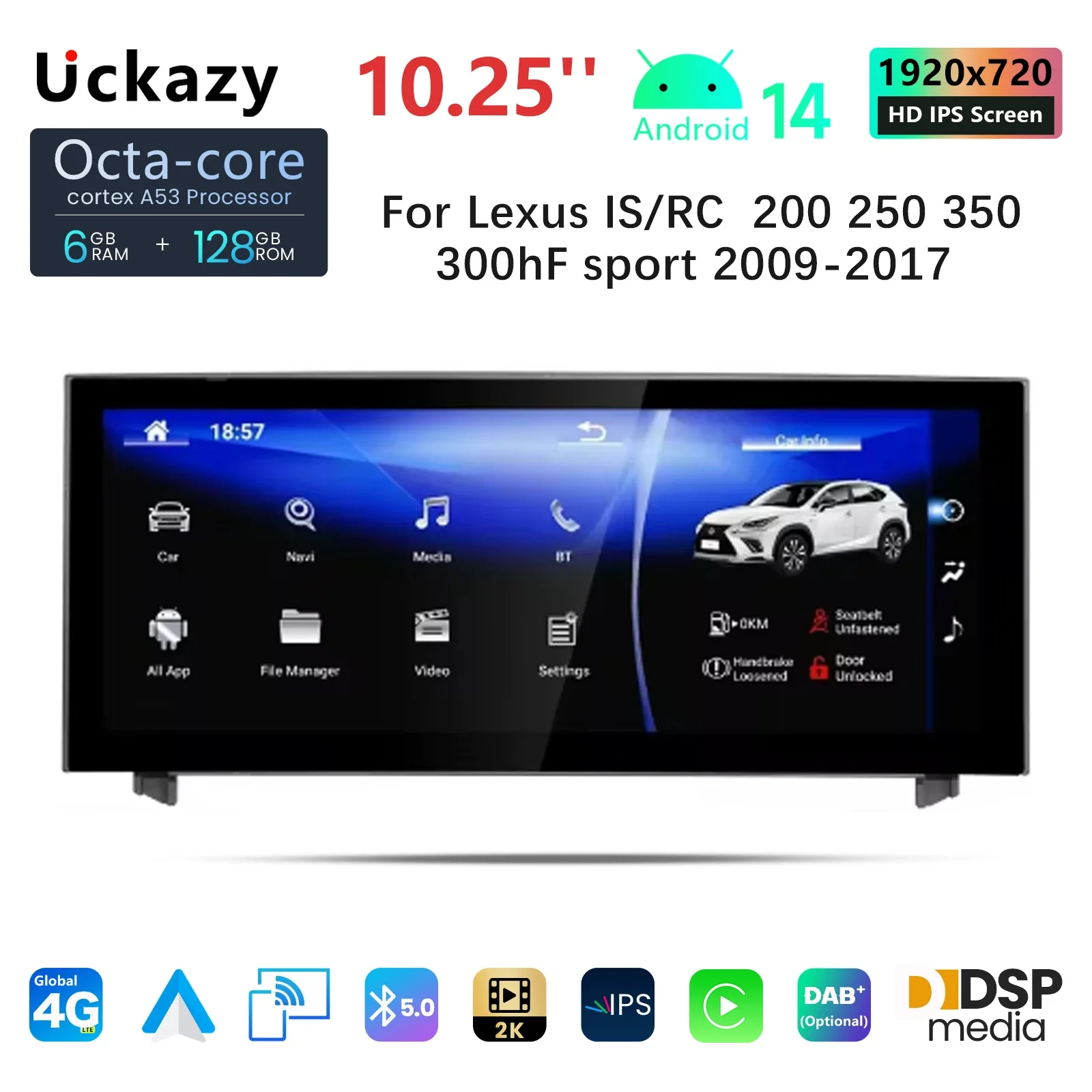 Android 14 Wireless Carplay Auto Radio For Lexus IS RC 200 250 300 350 200t 300h Multimedia Player Navigation GPS Screen Stereo