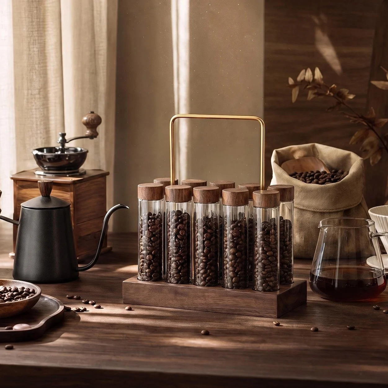 Coffee Bean Tubes Mini Glass Airtight Storage Dispenser Unique Design Container Organizer Canister Set With A Base  Accessories