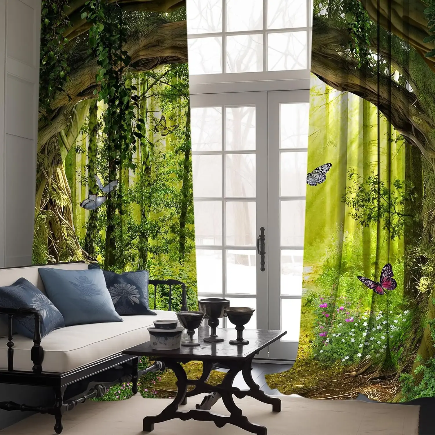 Tende oscuranti della foresta incantata albero modellato Scenic Nature Green Spring Woodland Grommet tende per finestre per soggiorno in camera da letto
