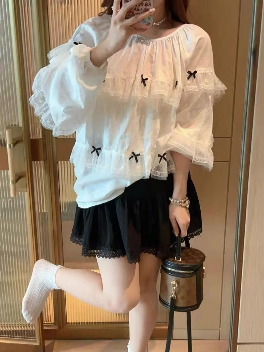 

plus Size 300 Pounds Women's Knot Splice Lace Trim Sun Protection Long Sleeve Shirt Korean Style Loose Fit Summer Top