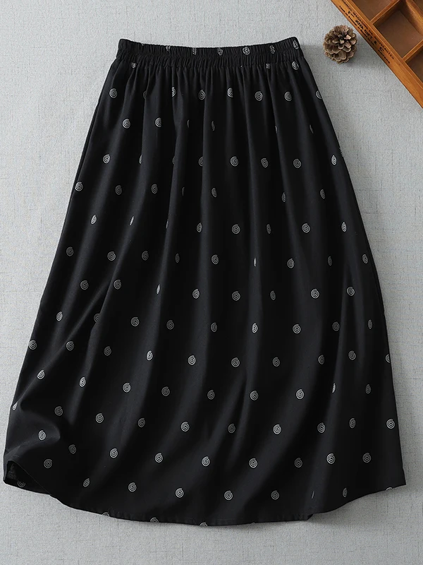 Black Retro Polka Dot Print High Waist Half Skirt Women's Summer New Elastic A-Line Midi Skirt Slimming Effect Casual Wear