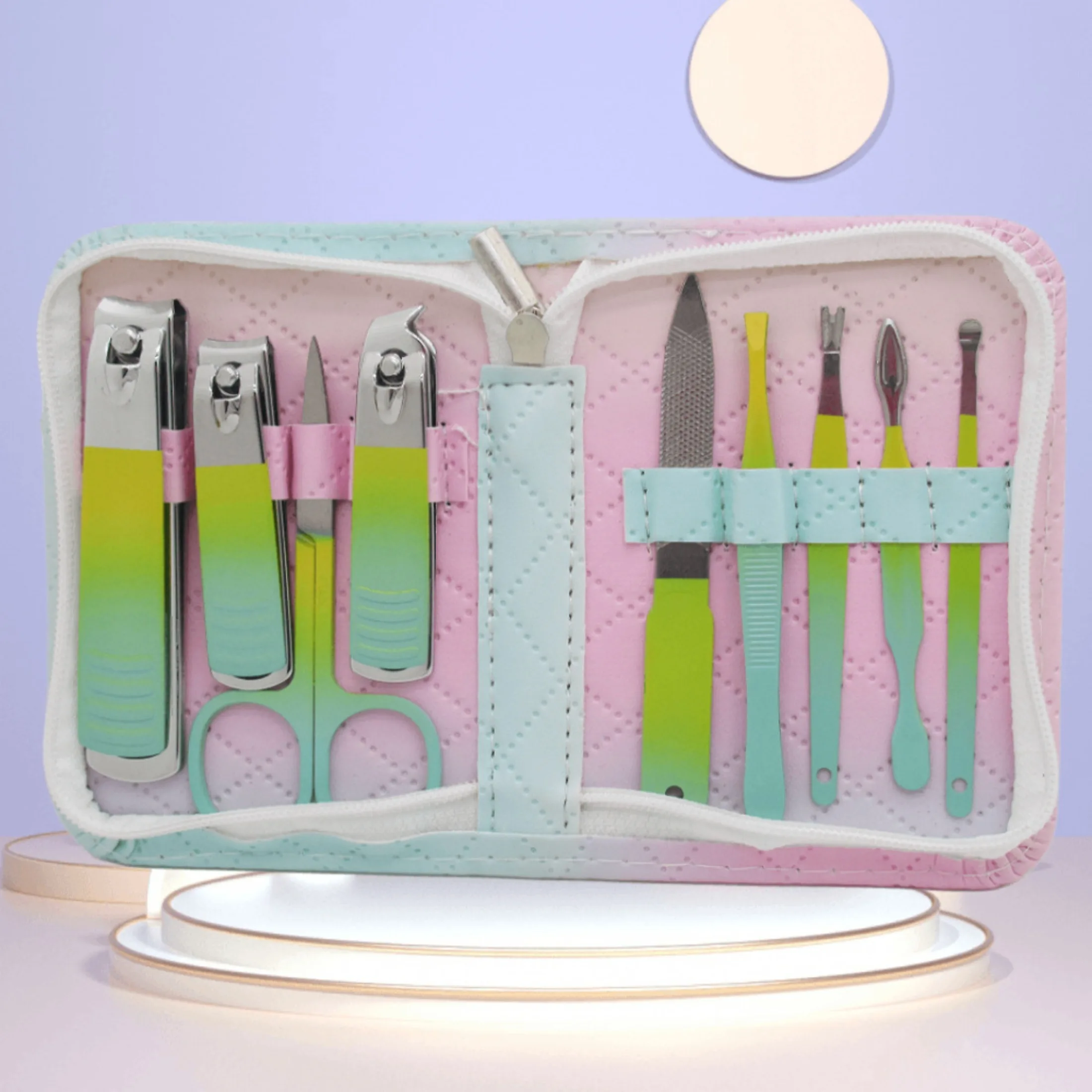 Set da 9 pezzi per nail art con gradiente arcobaleno Kit tagliaunghie per la casa in acciaio inossidabile Strumento completo per tagliare le unghie Portatile Facile da riporre