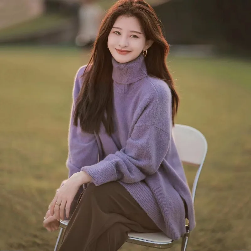 Women French Lazy Style Turtleneck Knit Sweater Loose Solid Color Warm Autumn Winter Pullover