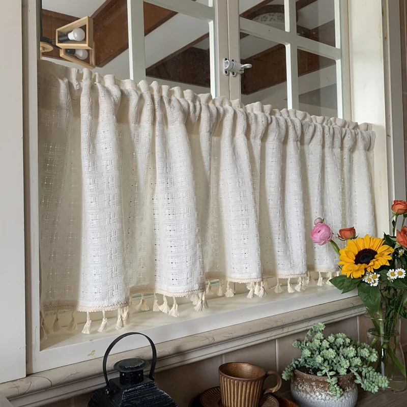

French style Waffle Short curtain Farmhouse Vintage chic Tassel Rod Pocket Tier Cafe kitchen Curtain for small Window Home Decor