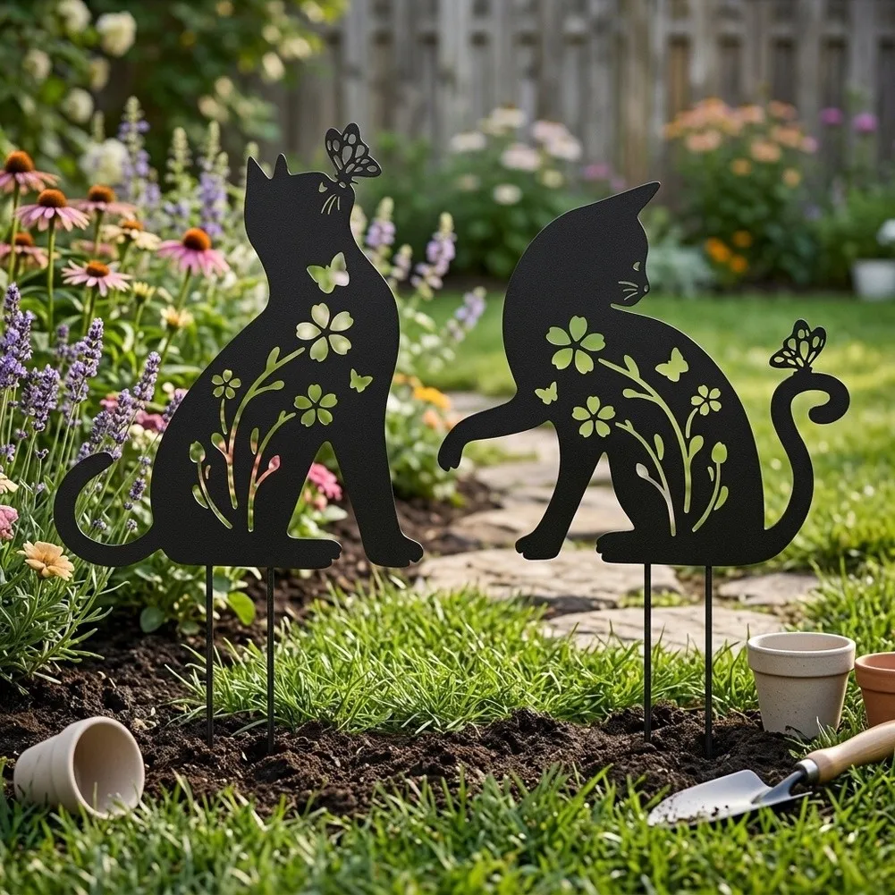 Galvanized Steel Black Cat Garden Ornament Set with 4 Ground Pegs - 2 Piece Metal Cat Silhouette Stakes for Lawn