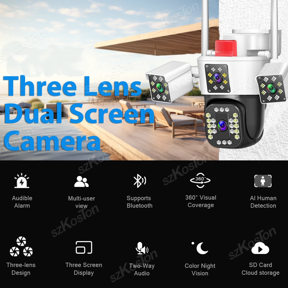 Wifi Surveillance Camera Three Screen 10X Digital Zoom PTZ Camera APP Real-time View with Motion Sensors Security Protection