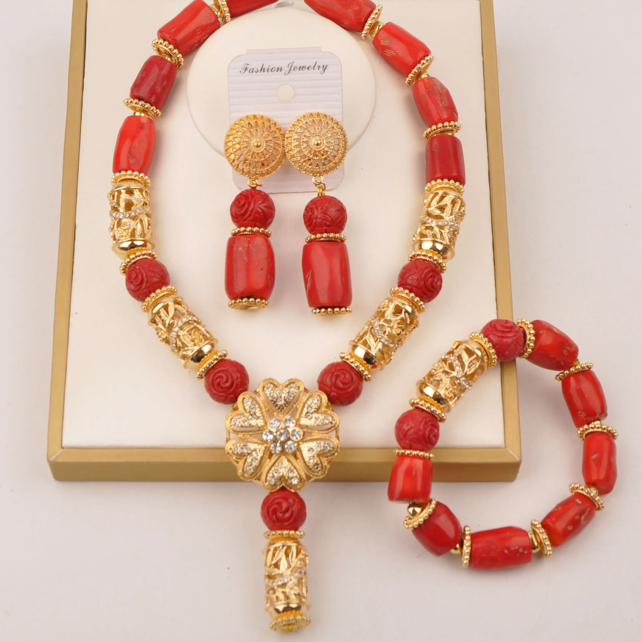 

Real Red Coral Necklace African Beads Jewelry Set