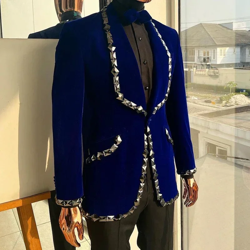 Beaded Suits For Men Slim Fit Crystal Smoking Velvet Suit Jacket With Pants Wedding Tuxedo Groom Custom Fashion Blazer