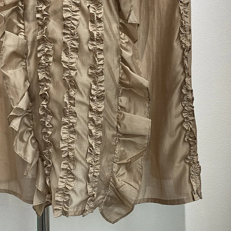 تنورة طويلة جديدة لربيع وصيف 2025 برقبة دائرية مكشكشة ومرقعة مائة متطابقة مع فستان نسائي رقيق بدون أكمام #4