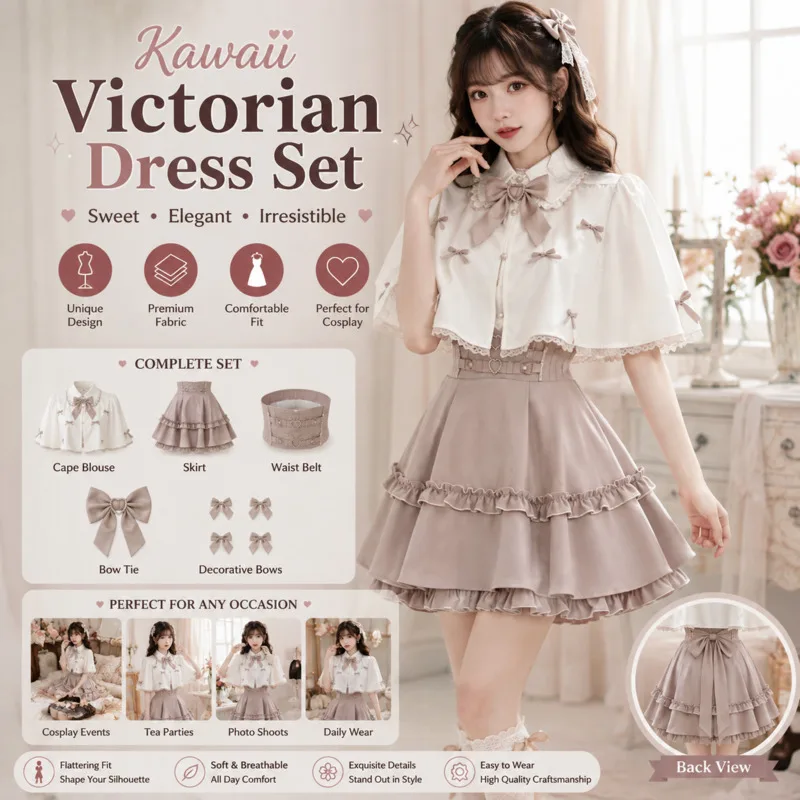 Bow Sweet Lolita 2 Piece Top Outfit Crop Cape Blouse High Waist Ruffle Mini Skirt Kawaii Set Girl JK Daily Cosplay Holiday Gift