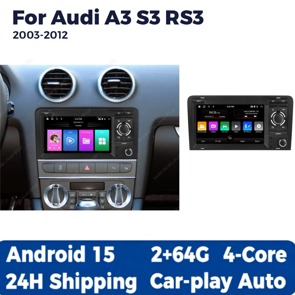 Autoradio Android 15 2 Din 7 pouces avec CarPlay et Android Auto pour Audi A3 S3 RS3 2003-2012, lecteur multimédia stéréo GPS Navigation RDS