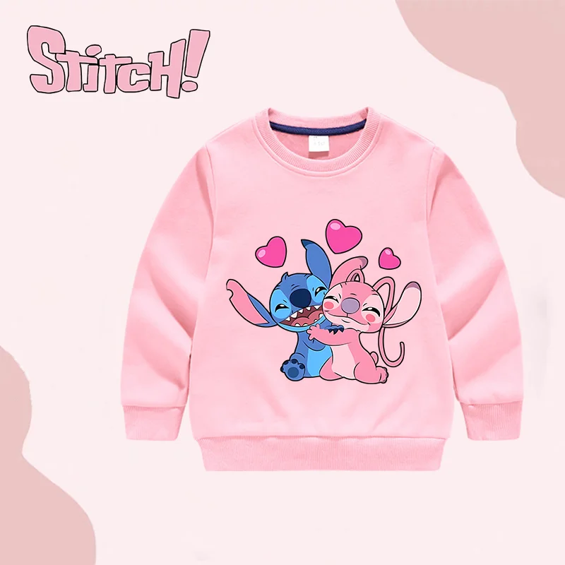 Stitch Sweatshirt Cotton Versatile Clothing Boys & Girls High Quality Top Cute Cartoon Pink  Crew Neck Kid Clothes Birthday Gift