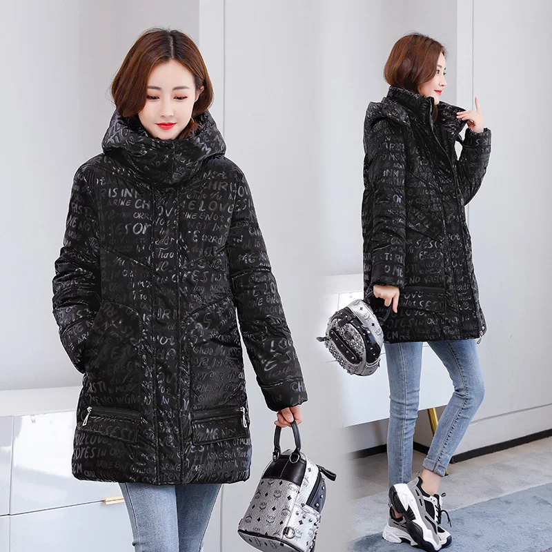 Medium-Length Cotton Padded Coat Women Winter Hooded Jacket Glossy No Wash Letter Print Thick 5XL Loose Parkas Bread Outerwear