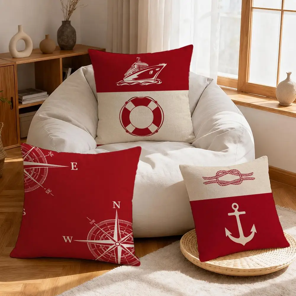 Art Vintage Nautical Pattern Cushion Cover Linen Anti-Mite Antibacterial Cushion Cover Invisible Zipper Sofa Decor