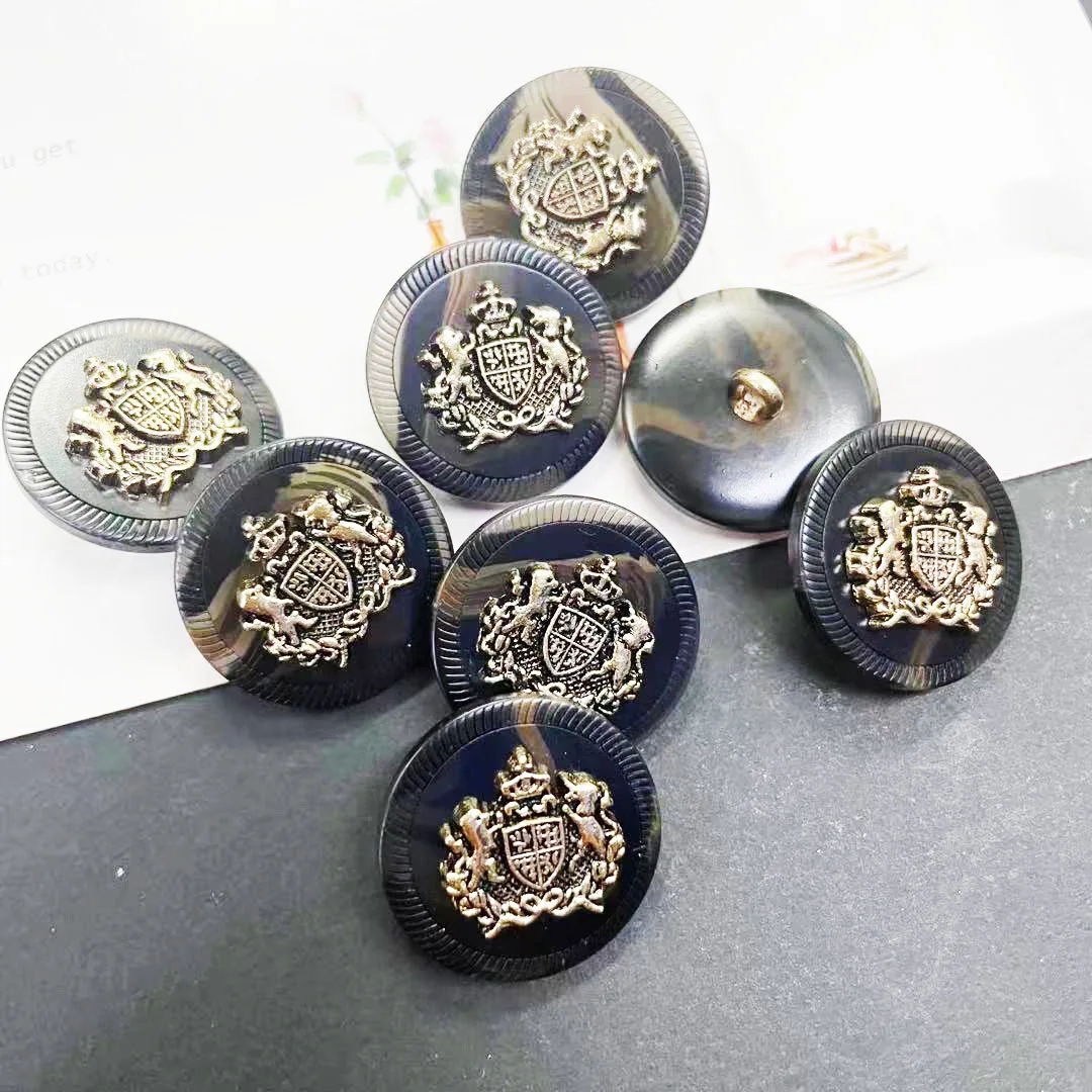 10PCS Round Resin Metal Duplex Buttons Double Lion Crown Buttons Coat Suit Placket Buttons Sweater Cardigan Decorative Buttons