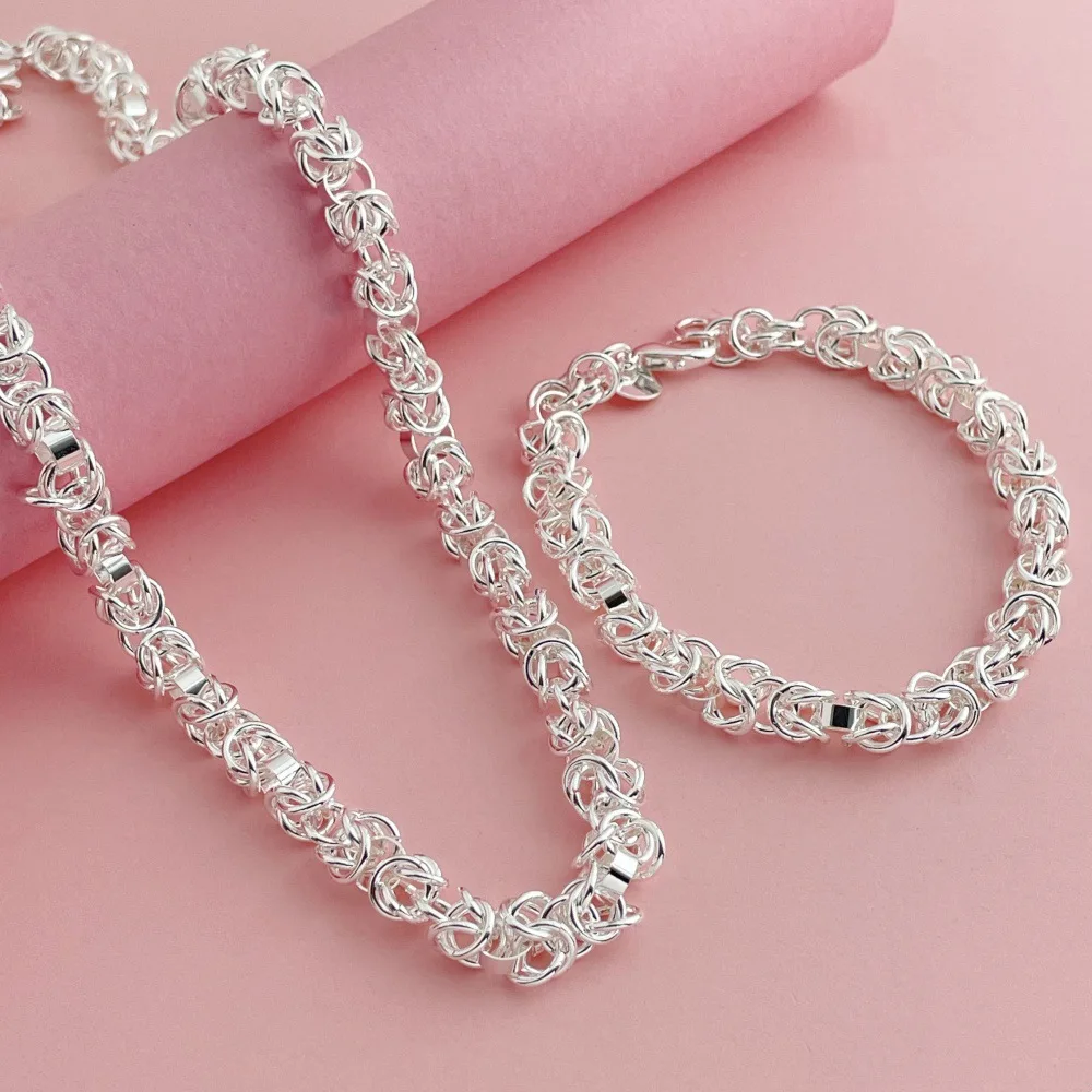 

925 Sterling Silver Jewelry Set Braided Multi-ring Shrimp Clasp Necklace Bracelet Set Women's Fashion Simple Party Jewelry Gift