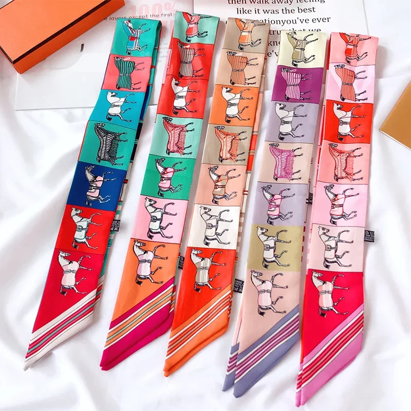 Brand Lady Neckerchief Silk Skinny Scarf 2024 Fashion Bag Handle Ribbon Ladies Horse Print Headband Hair Scarves Band Female