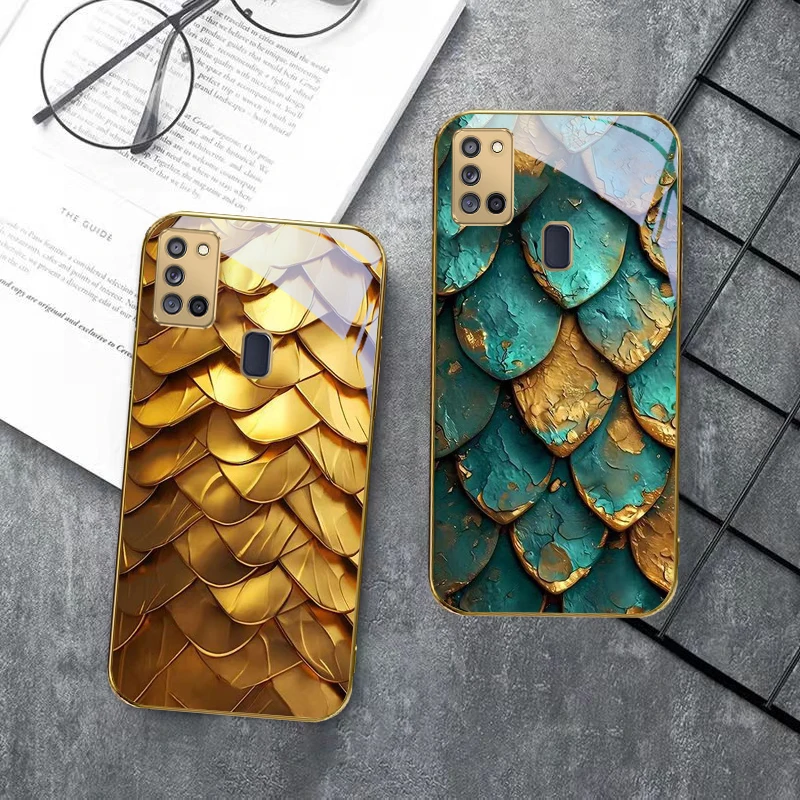 نسيج مقياس ذهبي لسامسونج A 70 71 72 73 14 15 13 16 25 A26 31 32 33 34 35 50 51 52 53 54 55 56 حافظة هاتف زجاجية ذهبية