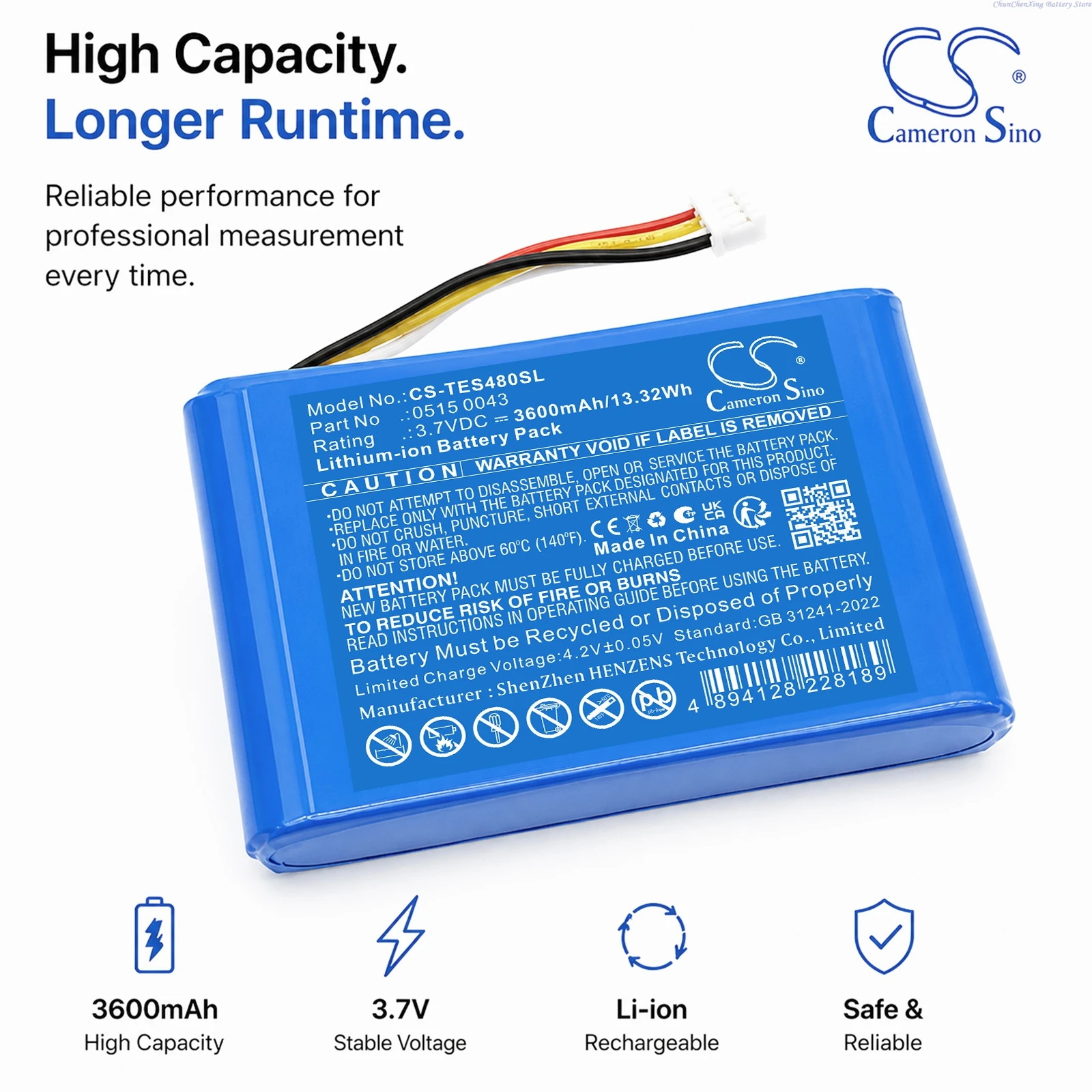 Cameron Sino 3.7V 3600mAh Replacement Battery 0515 0043 for Testo 480