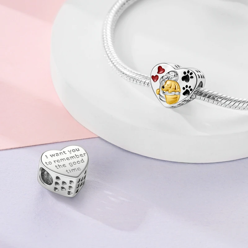 New Cute 925 Sterling Silver Beautiful Time Dog Love Charm Bead Fit DIY Women's Bracelet Necklace Jewelry Gift Accessories