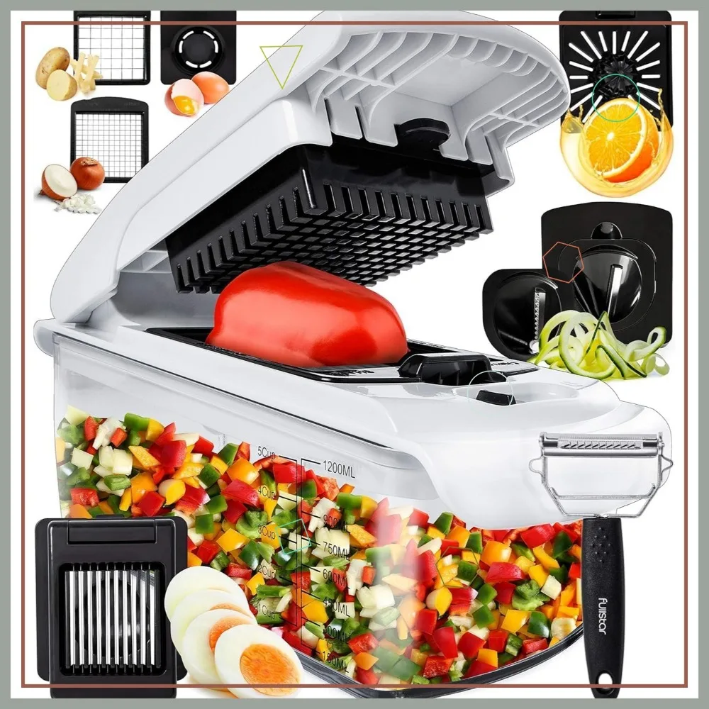 

9-in-1 Vegetable Chopper and Spiralizer with Container, Dishwasher Safe Kitchen Gadget in White