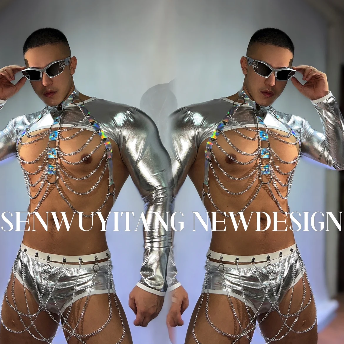 Bar DS New Performance Costume Men's Gogo Leading Dance Costume Tour Stage Costume Technology Style Illusionary Iron Chain Set