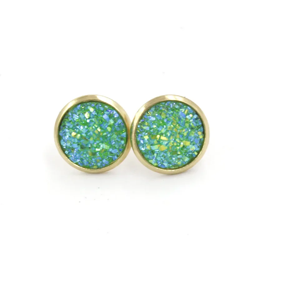 12MM Druzy Drusy Earrings Resin Cabochon Gold Color Stud for Women Men Girl Jewelry Gift