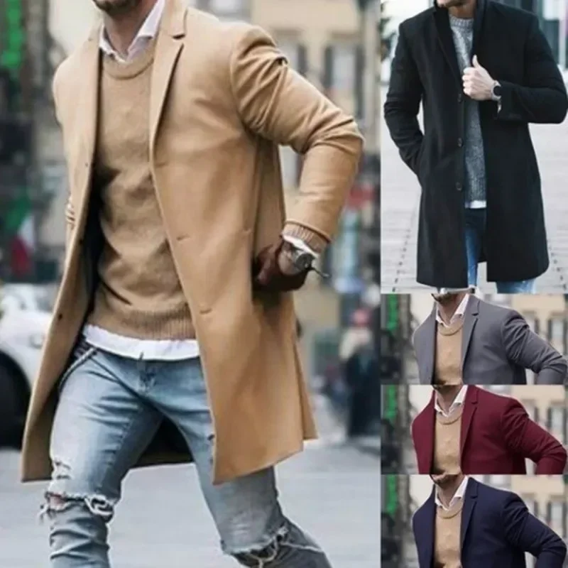 Men's Windbreaker Woolen Blend Coat Autumn Winter Fashion Solid Color Single Breasted Male Pea Coat Large Size Trench