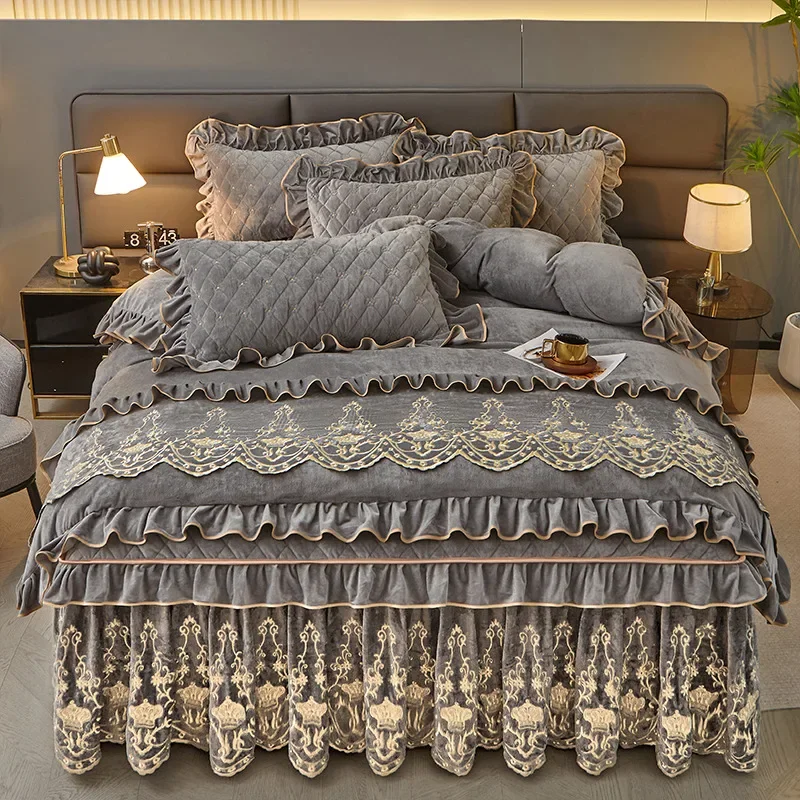 AI WINSURE-Embroidered Velvet Bedding Set, Duvet Cover, Queen King, Quilted Zippered Bed Skirt, Thick Bed Linen Set, Luxury